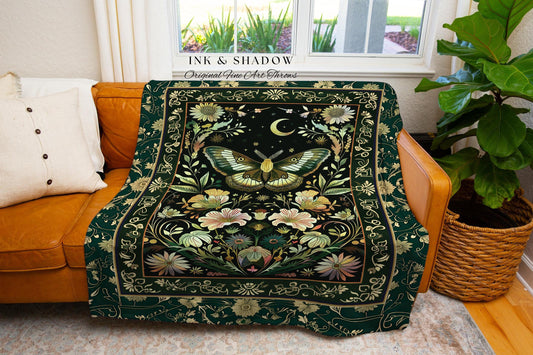 Dark Green Cottagecore Moth Blanket Ethereal Botanical Fairycore Decor | Moonlit Garden Boho Butterfly Art Floral Moth Tapestry Nature Throw