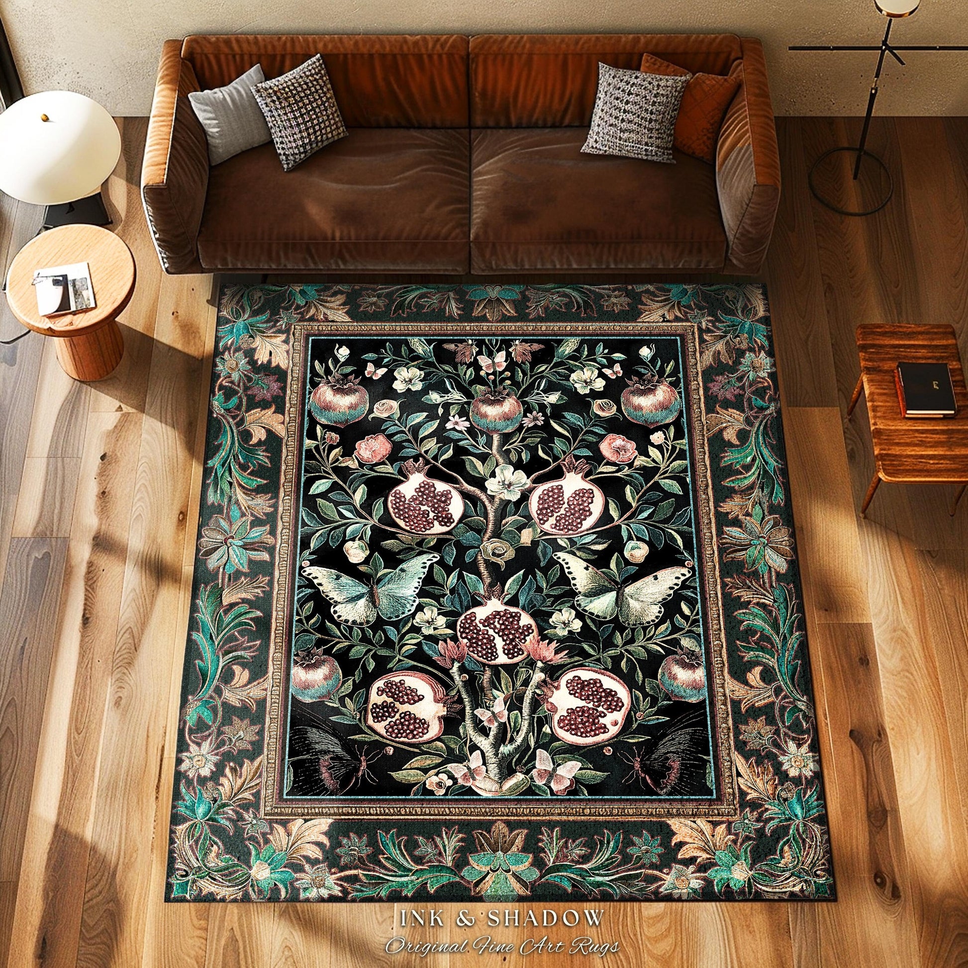 Mystical Pomegranate Forestcore Design Rug Whimsical Nature Inspired Botanical Cottagecore Decor, Vintage Woodland Gothic Forest Foliage Art