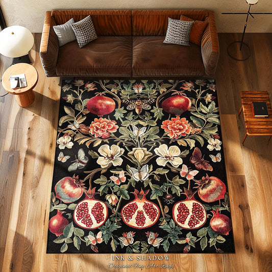 Cottagecore Pomegranate Botanical Butterfly Rug Enchanted Woodland Whimsy | Vintage Floral Romantic Baroque Whimsical Cozy Elegance Decor