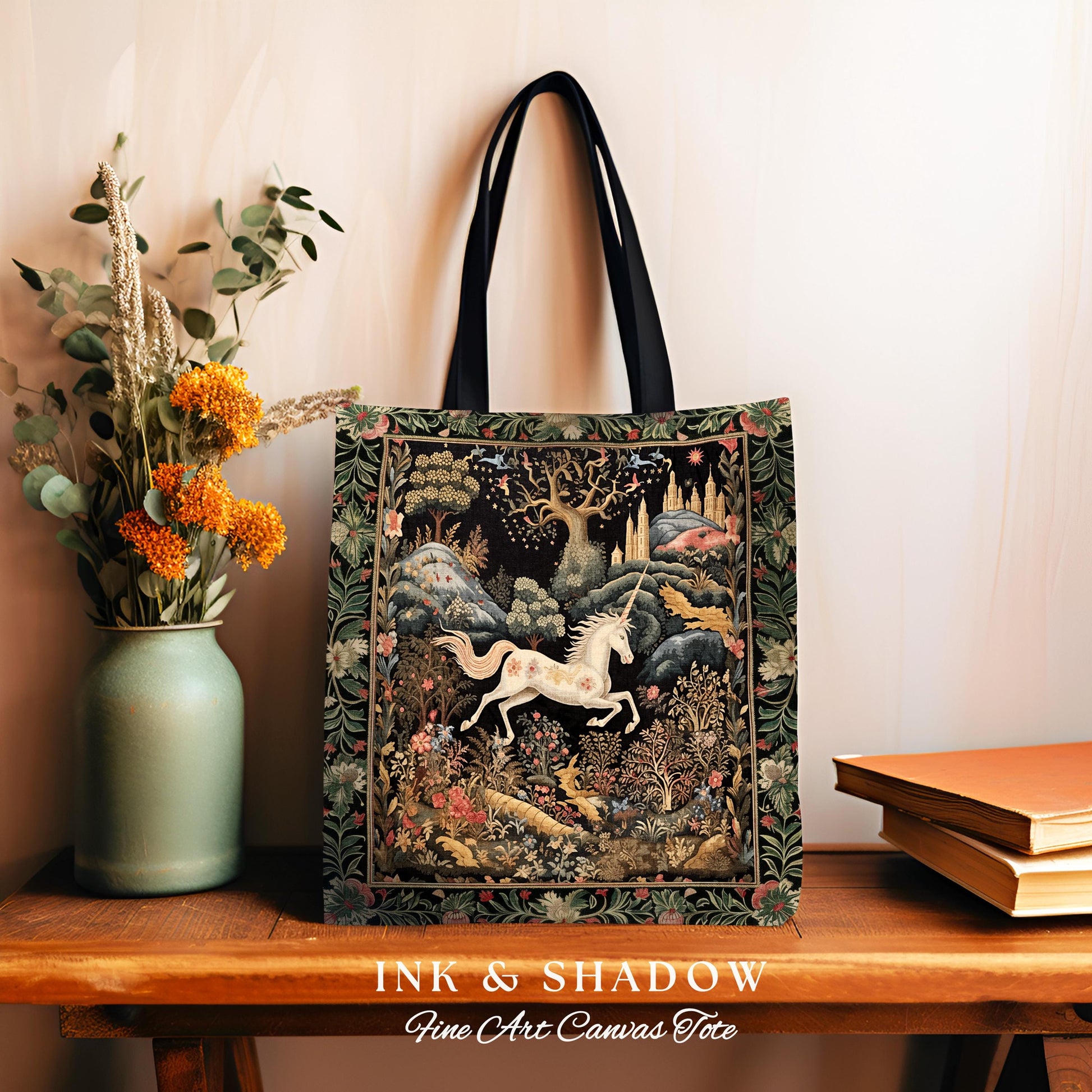 Fairytale Unicorn Tapestry Tote Mystical Folklore Aesthetic Whimsical Forestcore Accessory, Fairycore Cottagecore Magic Woodland Woven Bag
