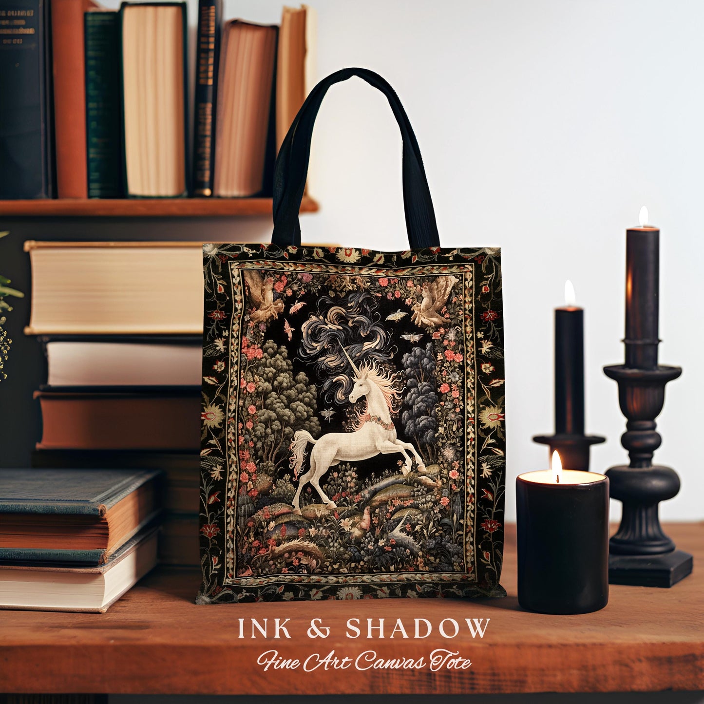 Enchanted Unicorn Woven Tote Fairytale Art Aesthetic Cottagecore Mystical Art Nouveau Tapestry Bag, Woodland Fantasy Fairycore Accessories