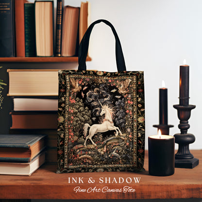 Enchanted Unicorn Woven Tote Fairytale Art Aesthetic Cottagecore Mystical Art Nouveau Tapestry Bag, Woodland Fantasy Fairycore Accessories