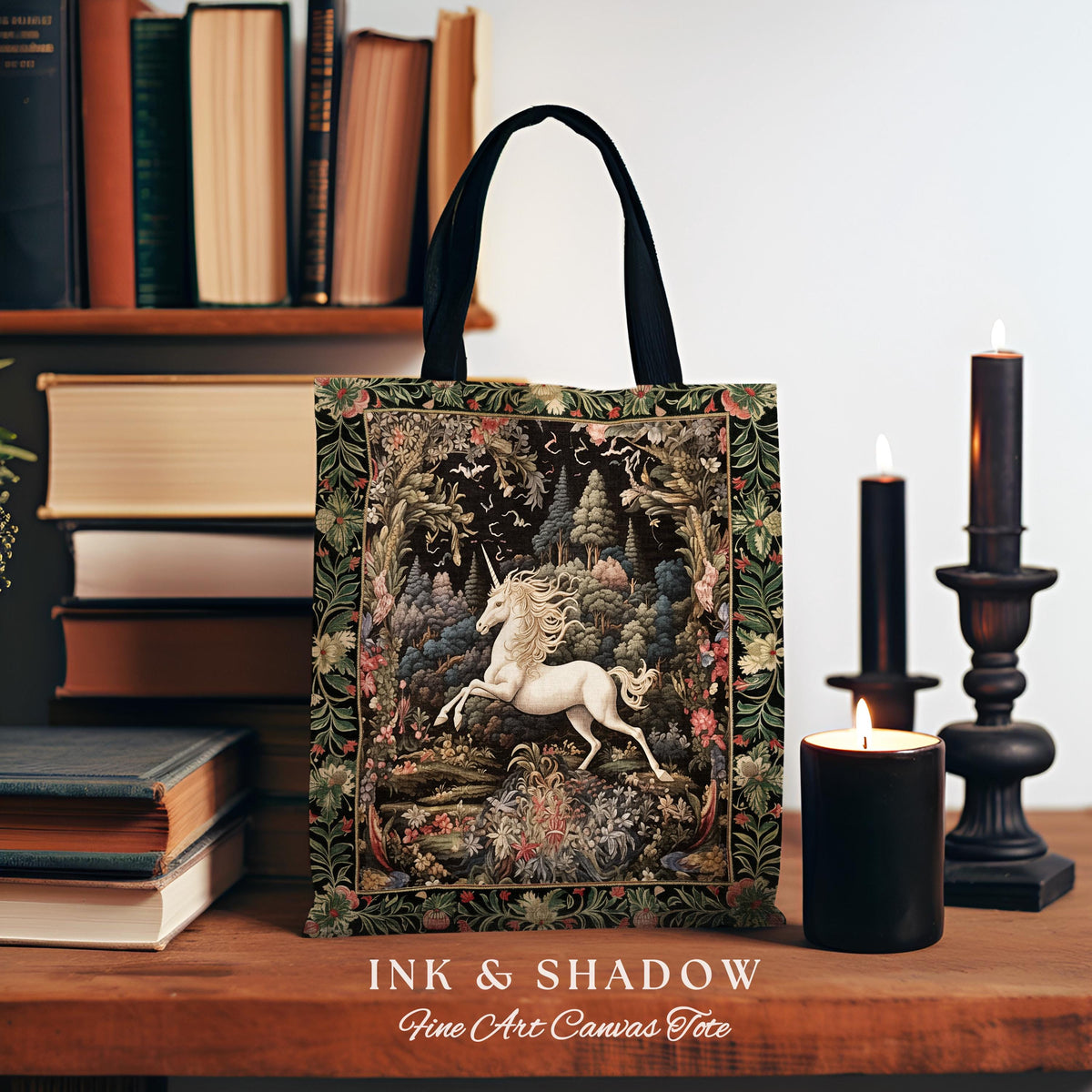 Whimsical Folklore Unicorn Tote Mystical Botanical Cottagecore Accessory, Morris Style Fairycore Art Princesscore Style Woven Tapestry Bag
