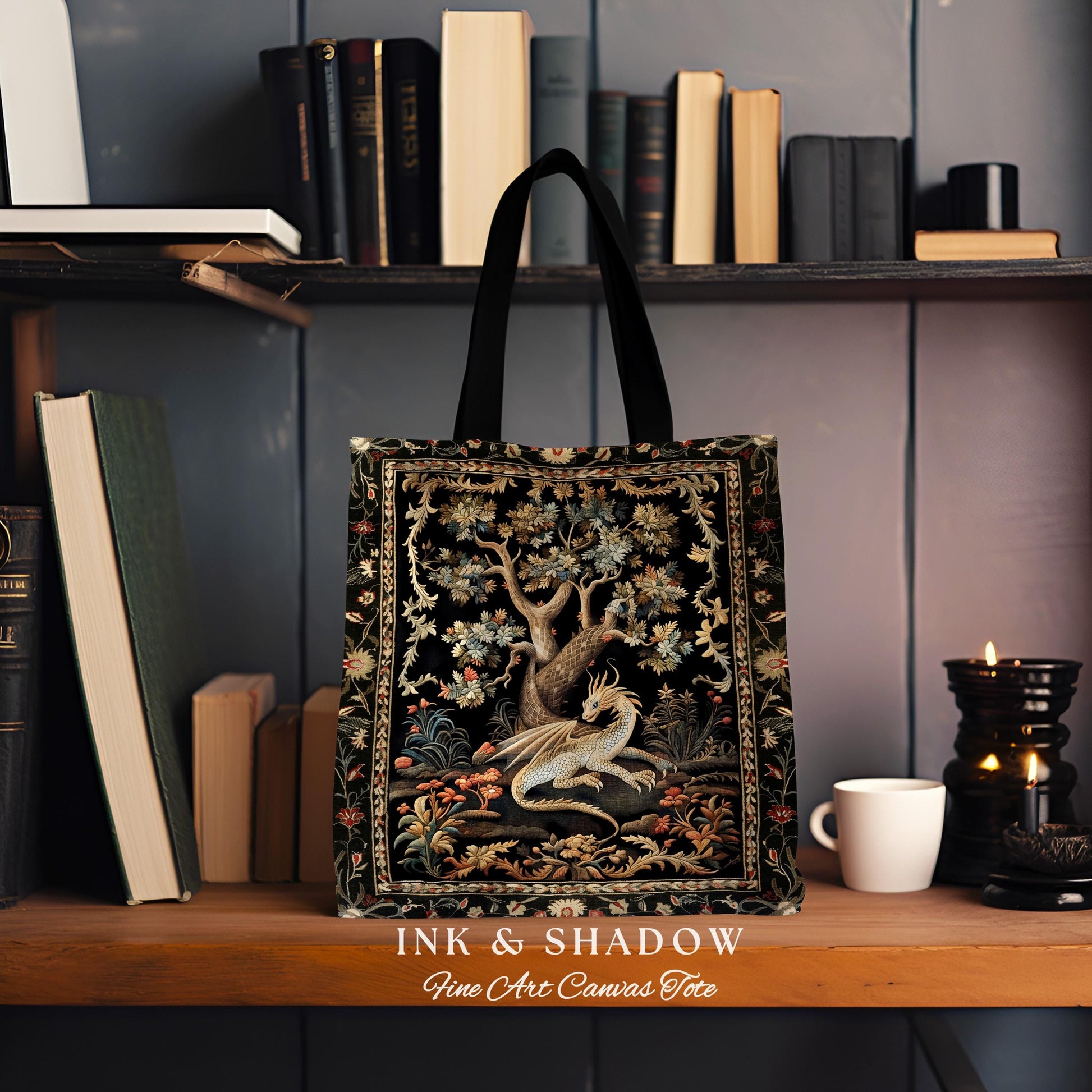 Fantasy Inspired Dragon Tote Dark Academia Book Nook Bag | Gothic Maximalist Aesthetic Fairytale Magical Forestcore Tapestry Woven Accessory