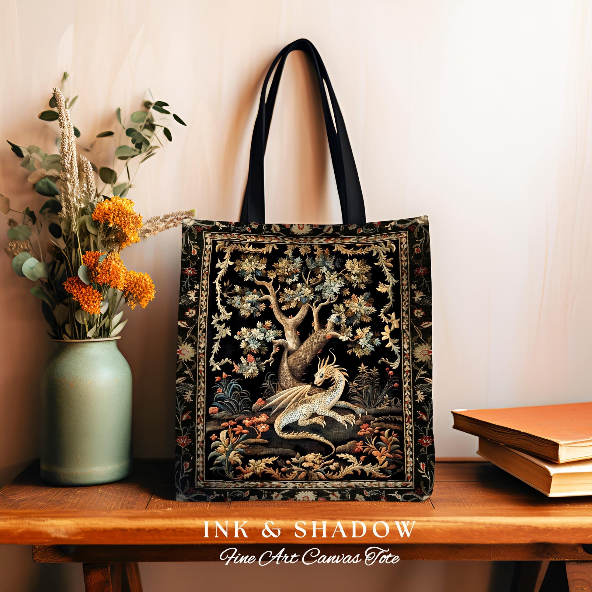 Fantasy Inspired Dragon Tote Dark Academia Book Nook Bag | Gothic Maximalist Aesthetic Fairytale Magical Forestcore Tapestry Woven Accessory