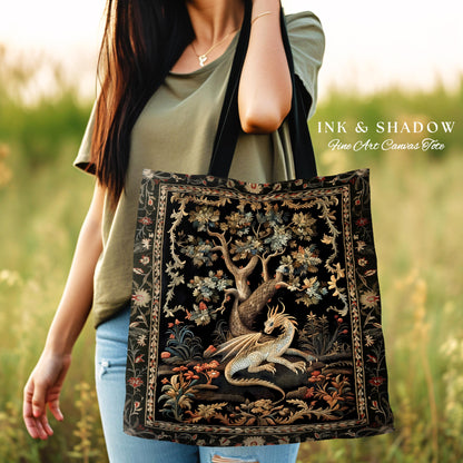 Fantasy Inspired Dragon Tote Dark Academia Book Nook Bag | Gothic Maximalist Aesthetic Fairytale Magical Forestcore Tapestry Woven Accessory