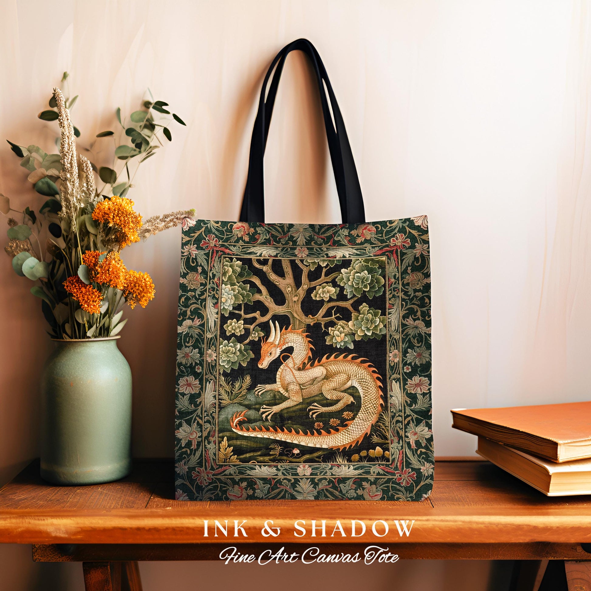 Medieval Dragon Tote Enchanted Forest Fantasy Art Accessory, Victorian Gothic Cottagecore Tapestry Bag Whimsical Mythical Woodland Accent