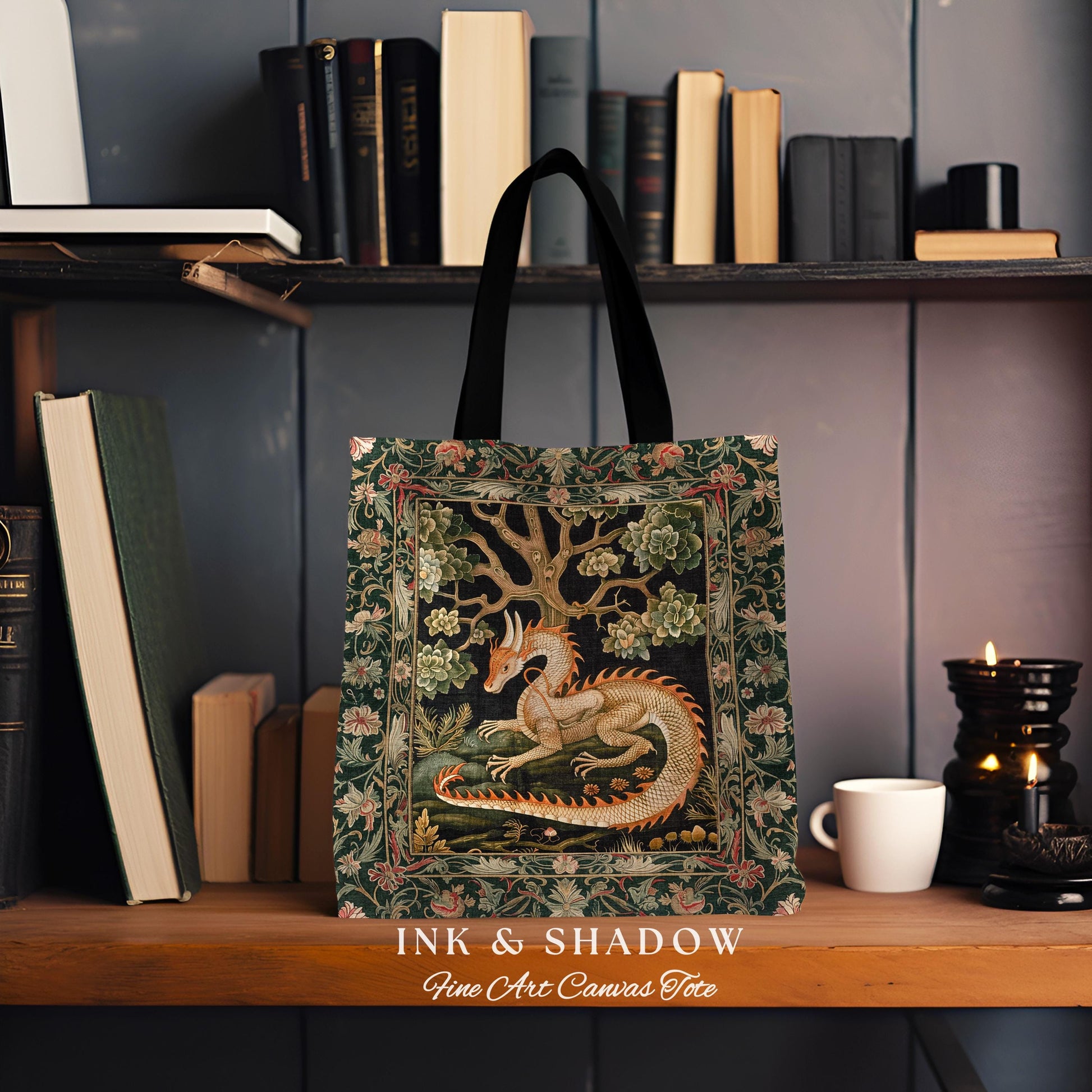 Medieval Dragon Tote Enchanted Forest Fantasy Art Accessory, Victorian Gothic Cottagecore Tapestry Bag Whimsical Mythical Woodland Accent