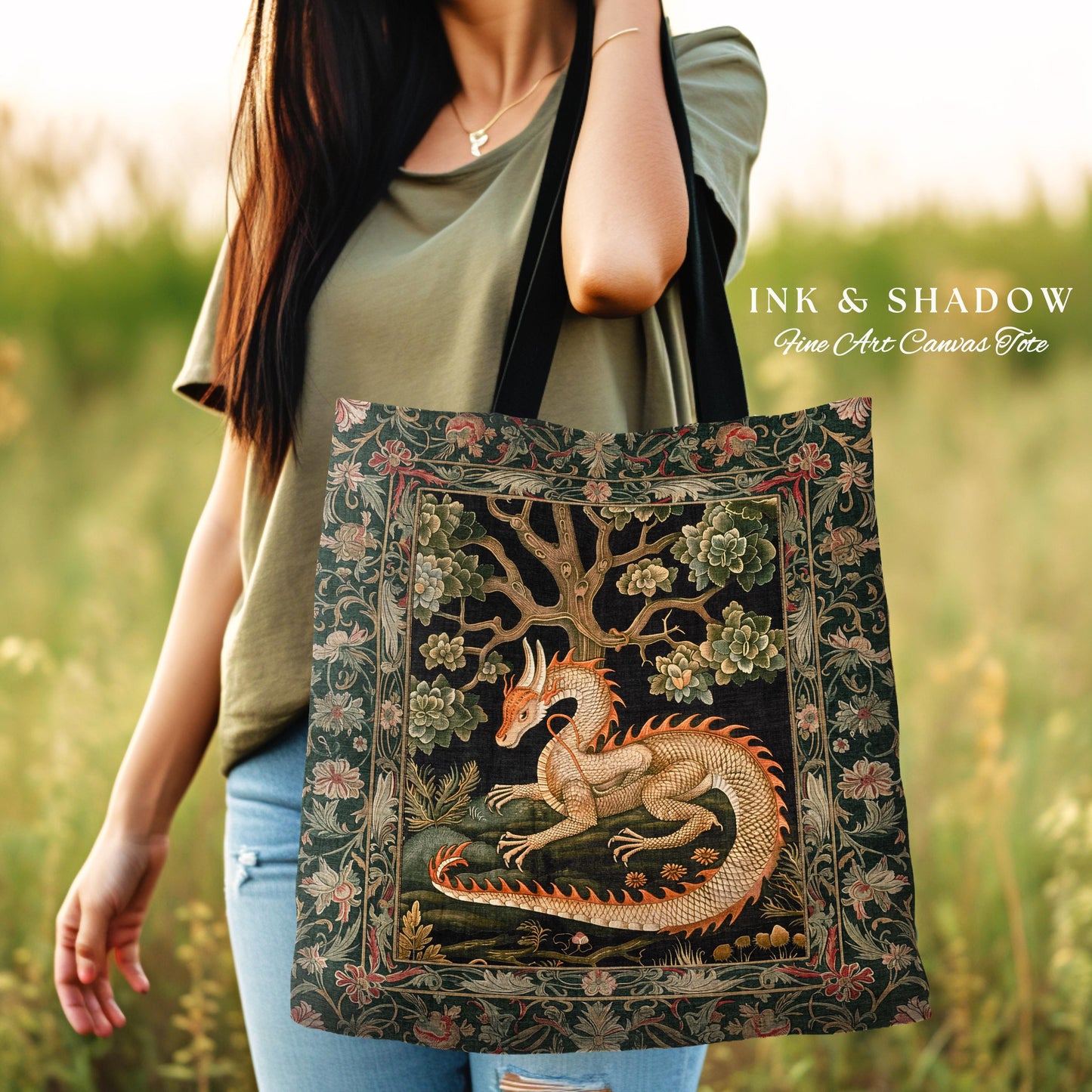 Medieval Dragon Tote Enchanted Forest Fantasy Art Accessory, Victorian Gothic Cottagecore Tapestry Bag Whimsical Mythical Woodland Accent