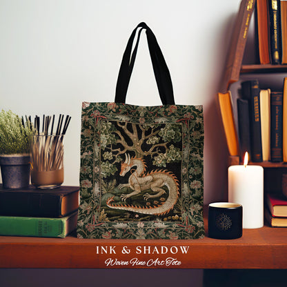 Medieval Dragon Tote Enchanted Forest Fantasy Art Accessory, Victorian Gothic Cottagecore Tapestry Bag Whimsical Mythical Woodland Accent