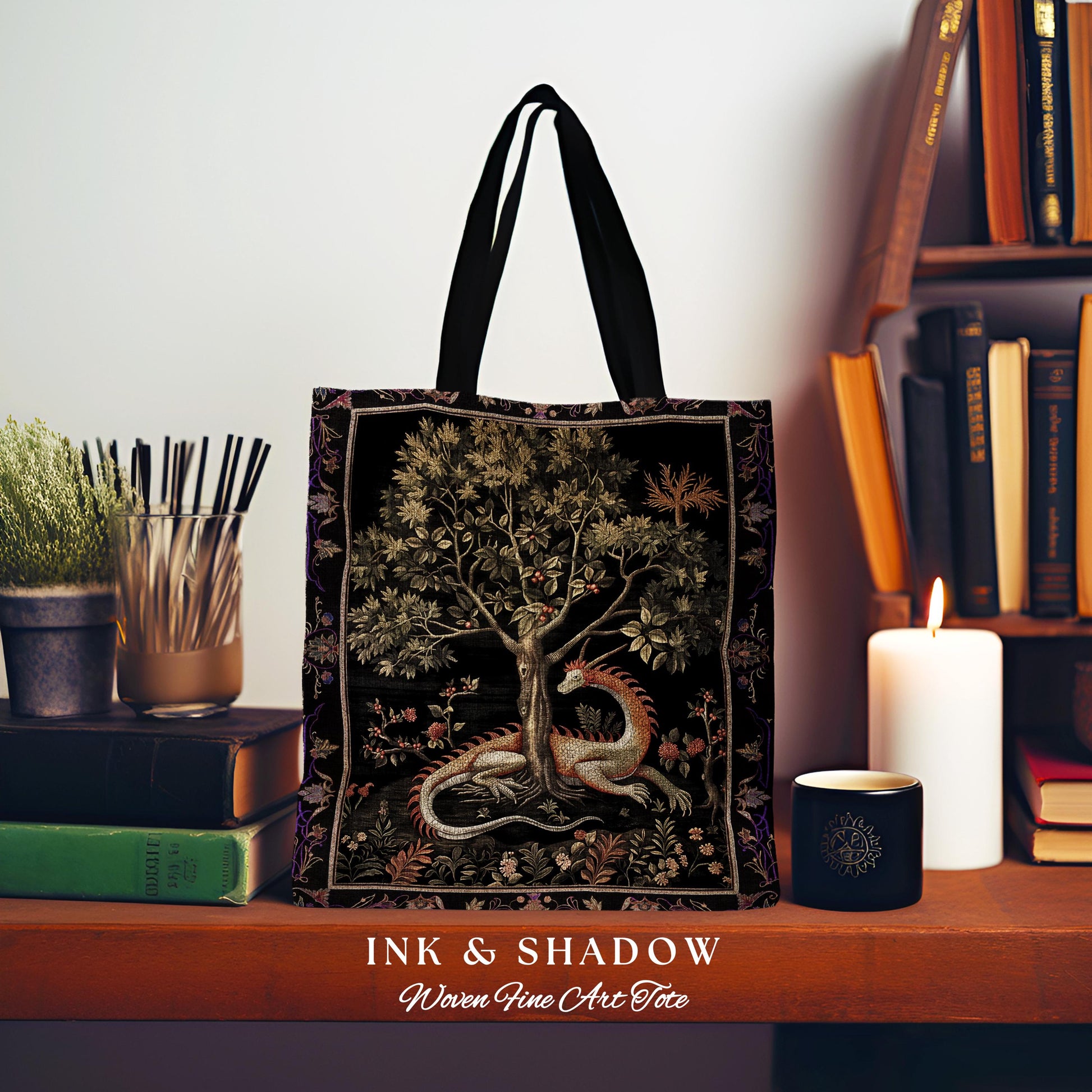 Goblincore Dragon Tapestry Tote Medieval Fairytale Inspired Woodland Accessory, Morris Style Forest Cottagecore Fairycore Woven Gothic Bag