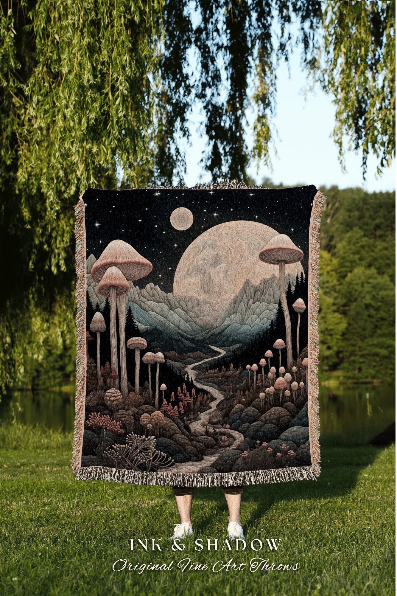 Cosmic Landscape Mushroom Blanket | Cottagecore Aesthetic Crowcore Wall Hanging Tapestry Boho Cozy Gift for Mushroom Lover Whimsical Decor