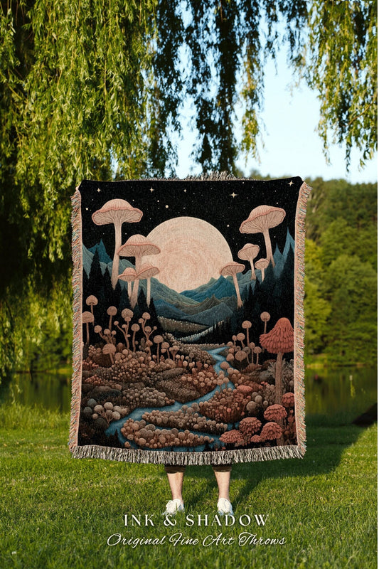 Moonlit Mushroom Forest Blanket | Woven Throw Cozy Gift for Mushroom Lover Whimsical Style Reading Nook Aesthetic Crowcore Magical Decor |