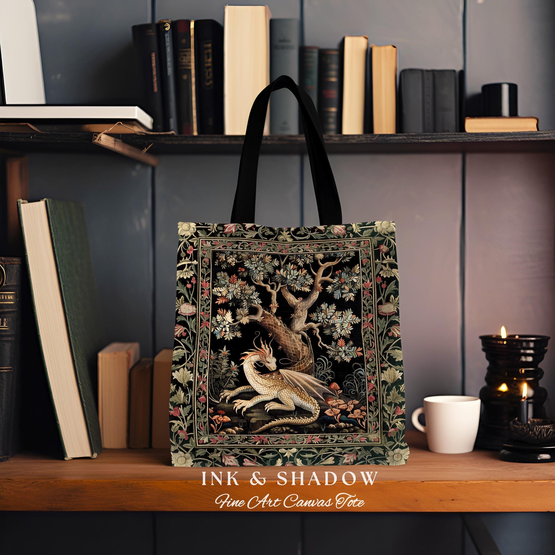 Dragon Tree of Life Woven Tote Medieval Fairytale Accessory, Cottagecore Fairycore Aesthetic Mystical Tapestry Bag Fantasy Inspired Art