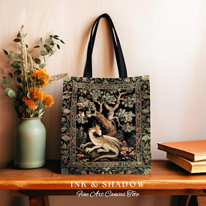 Dragon Tree of Life Woven Tote Medieval Fairytale Accessory, Cottagecore Fairycore Aesthetic Mystical Tapestry Bag Fantasy Inspired Art