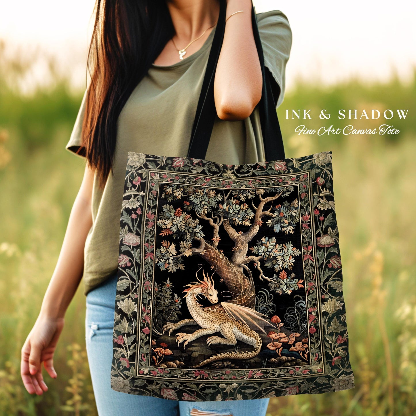 Dragon Tree of Life Woven Tote Medieval Fairytale Accessory, Cottagecore Fairycore Aesthetic Mystical Tapestry Bag Fantasy Inspired Art