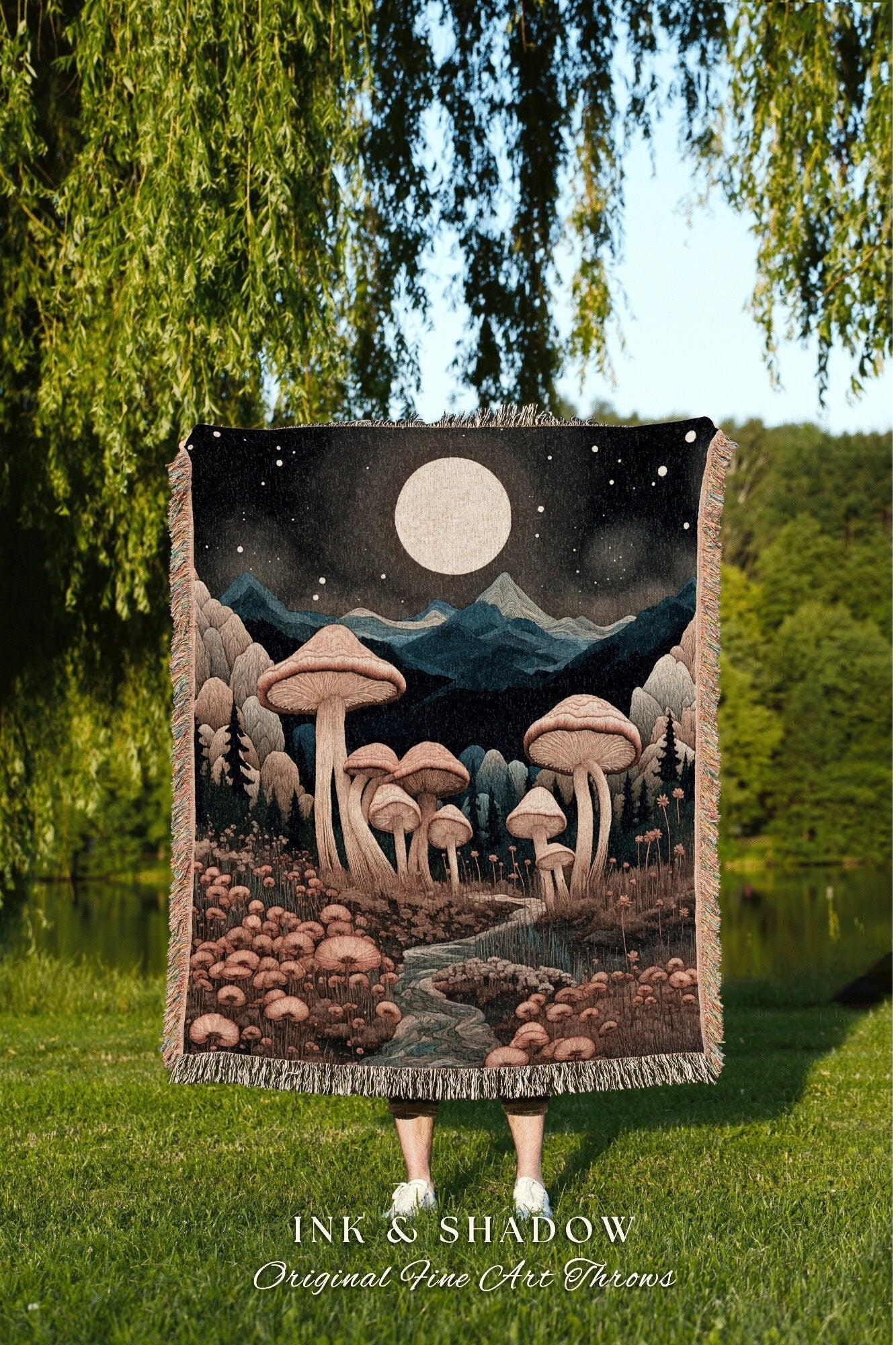 Midnight Mushroom Woven Tapestry | Throw Blanket Cozy Gift for Mushroom Lover Whimsical Style Cottagecore Aesthetic Crowcore Wall Tapestry