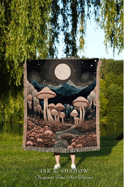 Midnight Mushroom Woven Tapestry | Throw Blanket Cozy Gift for Mushroom Lover Whimsical Style Cottagecore Aesthetic Crowcore Wall Tapestry