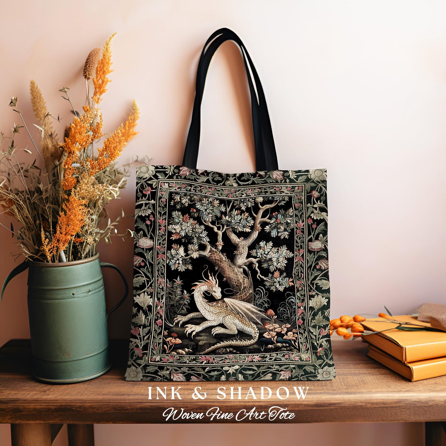 Dragon Tree of Life Woven Tote Medieval Fairytale Accessory, Cottagecore Fairycore Aesthetic Mystical Tapestry Bag Fantasy Inspired Art