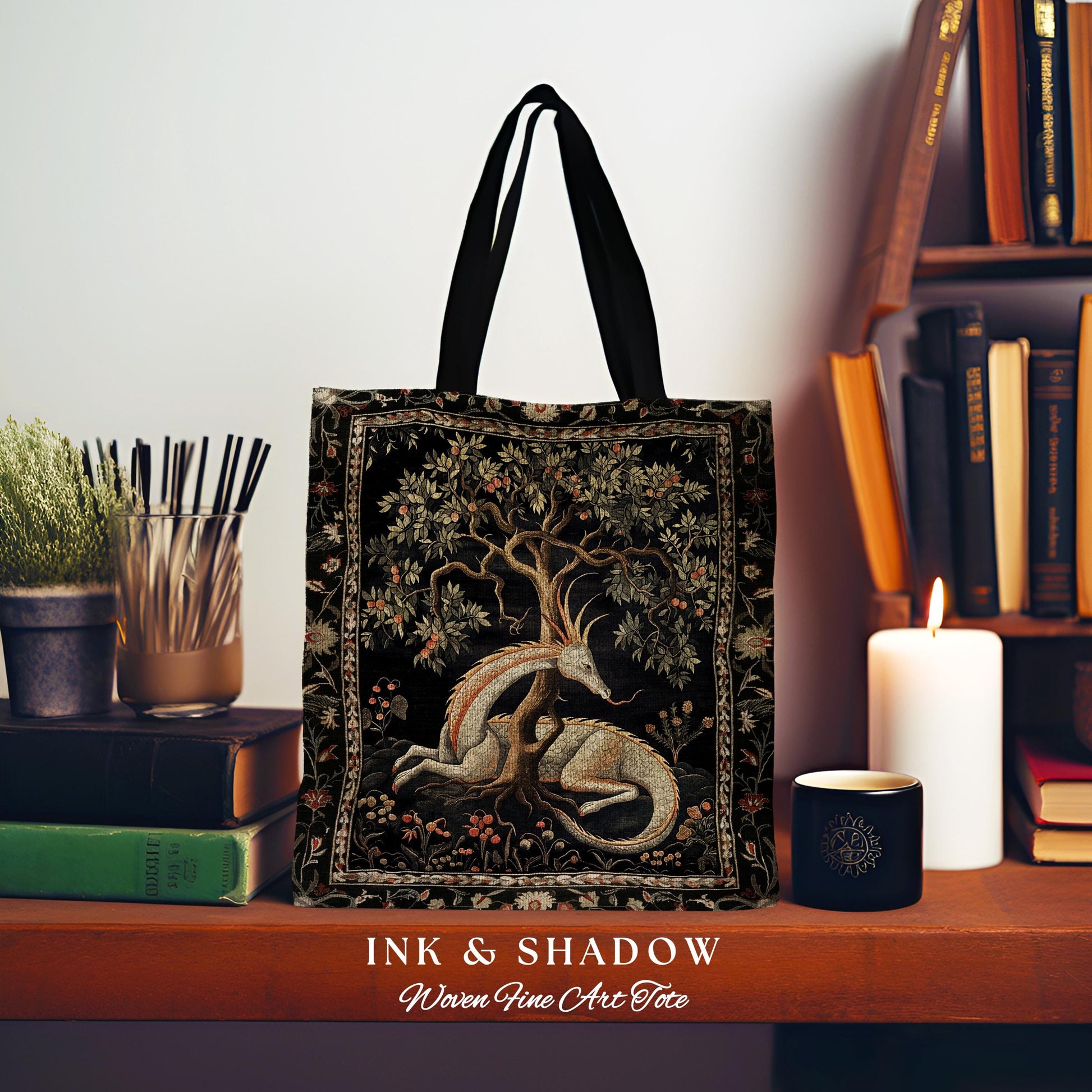 Folklore Dragon Tote Mystical Medieval Style Cottagecore Accessory, Botanical Fairytale Forest Gothic Woodland Fairycore Woven Tapestry Bag