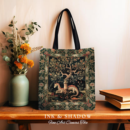 Maximalist Aesthetic Dragon Tote Fairytale Inspired Accessories, Medieval Cottagecore Style Botanical Tapestry Bag Whimsical Fairycore Art