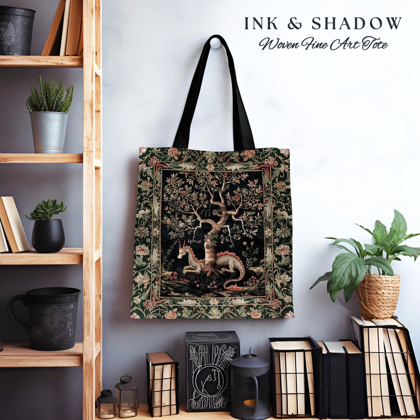 Maximalist Aesthetic Dragon Tote Fairytale Inspired Accessories, Medieval Cottagecore Style Botanical Tapestry Bag Whimsical Fairycore Art