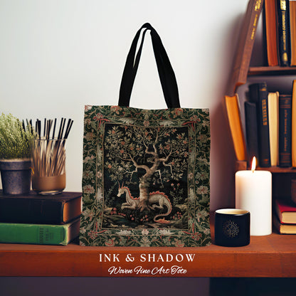 Maximalist Aesthetic Dragon Tote Fairytale Inspired Accessories, Medieval Cottagecore Style Botanical Tapestry Bag Whimsical Fairycore Art