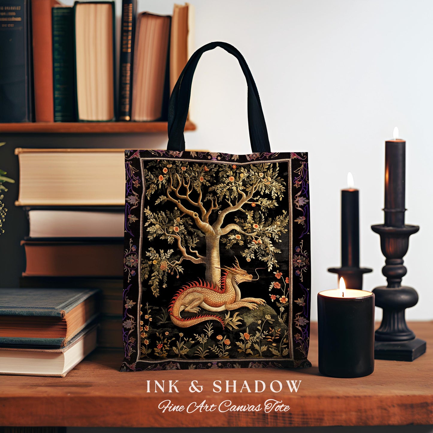 Antique Mystic Red Dragon Forestcore Medieval Fairytale Inspired Tote, Magic Dark Cottagecore Fairy Grunge Goblinecore Tapestry Woven Bag