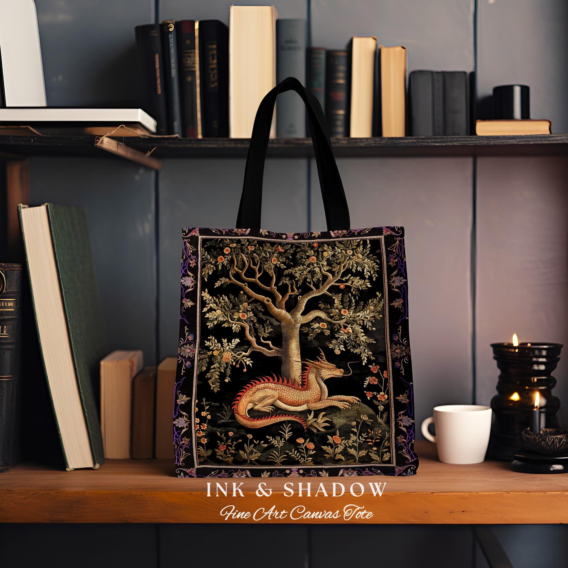 Antique Mystic Red Dragon Forestcore Medieval Fairytale Inspired Tote, Magic Dark Cottagecore Fairy Grunge Goblinecore Tapestry Woven Bag