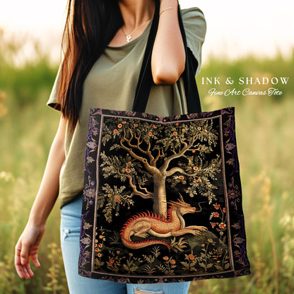 Antique Mystic Red Dragon Forestcore Medieval Fairytale Inspired Tote, Magic Dark Cottagecore Fairy Grunge Goblinecore Tapestry Woven Bag