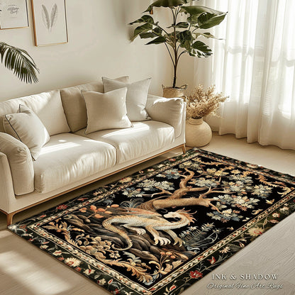 Dragon Aesthetic Botanical Rug | Dark Academia Room Decor Fairytale Inspired Nursery Gift Dark Cottagecore Fairycore Mystical Game Room Rug