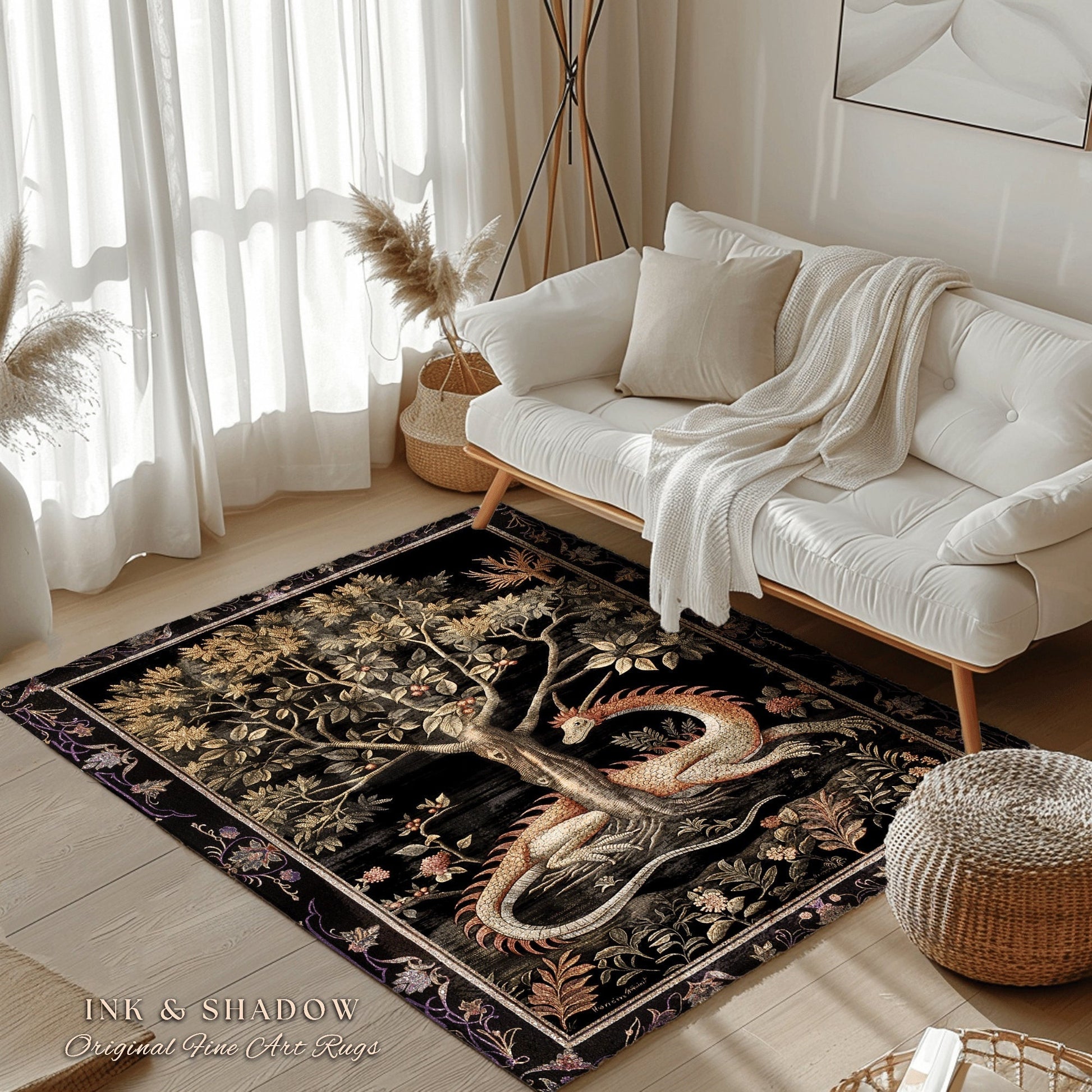 Goblincore Dragon Accent Rug | Medieval Fairytale Inspired Nursery Decor Morris Style Cottagecore Fairycore Gothic Dark Academia Bedroom |