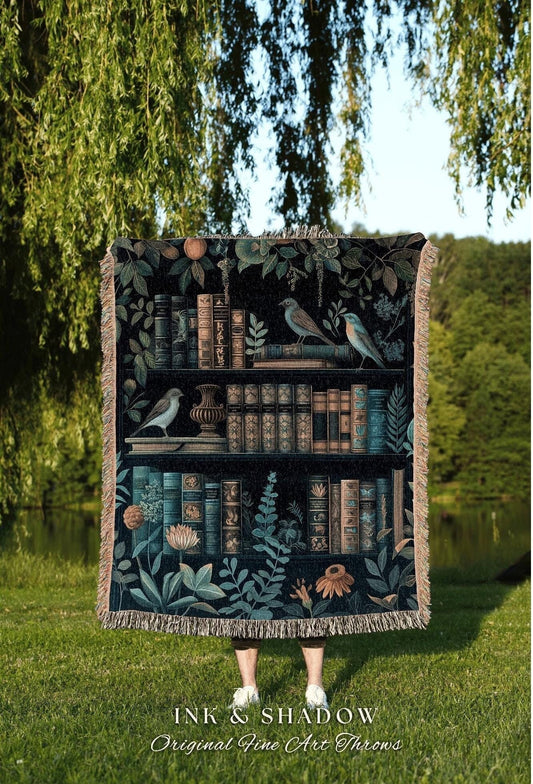 Dark Library Throw Blanket | Crowcore Gift for Reader Eclectic Tapestry Boho Room Decor Dark Botanical Witchy Bookish Wall Art Cottagegoth |