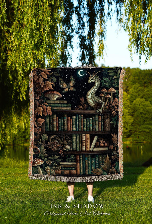 Whimsical Fantasy Bookshelf Enchanted Forest Fairycore Dragon Blanket | Romantic Academia Woodland Fairytale Tapestry Throw Bookish Bedding