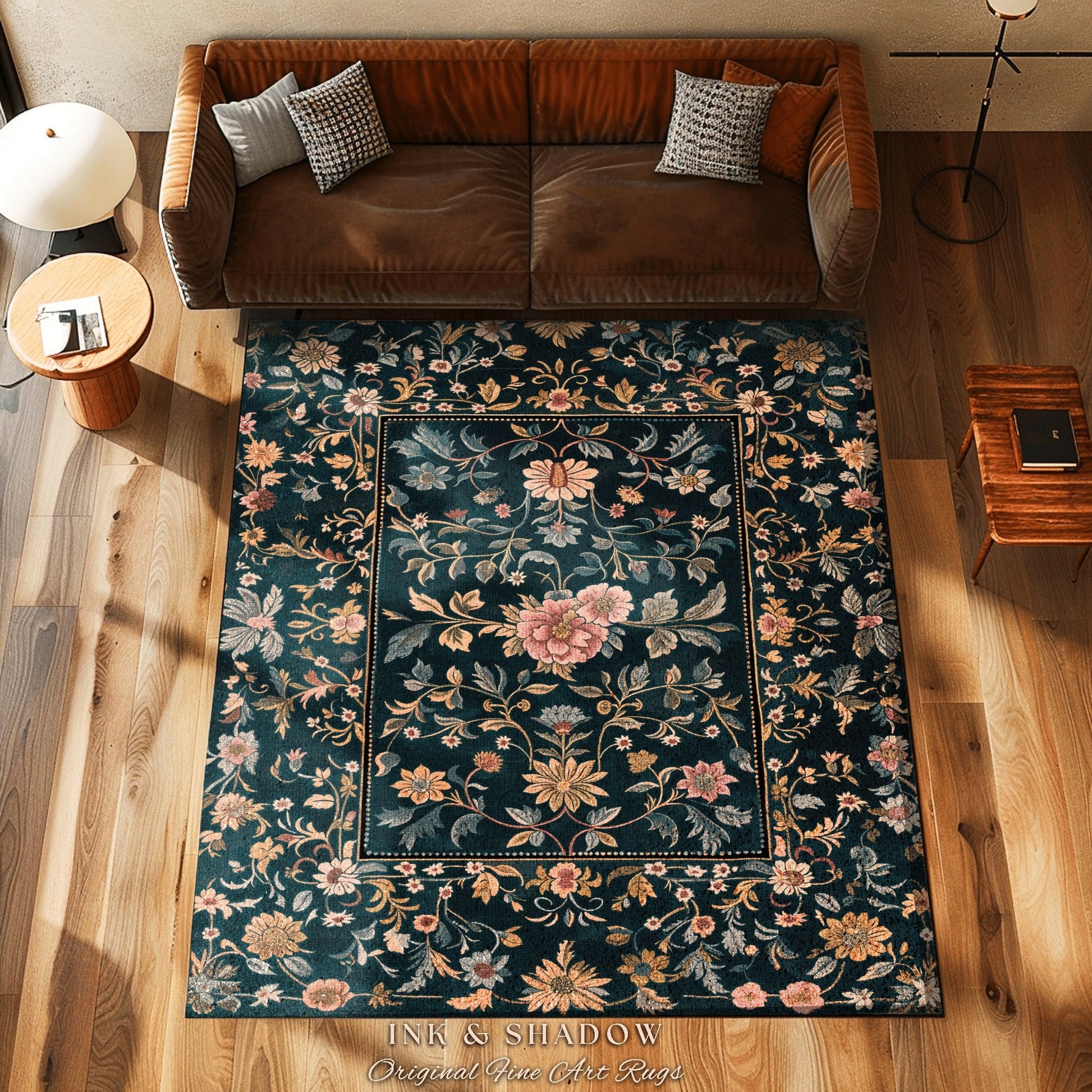 Maximalist Wildflower Rug | Dark Floral Aesthetic Danish Pastel Home Decor Rustic Housewarming Gift Fairycore Bedroom Folklore Inspired |