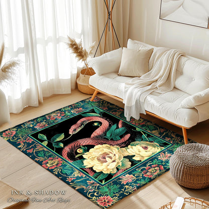 Botanical Forestcore Serpent Rug Gothic Woodland Floral Snake Decor, Mystic Goblincore Vintage Cottagecore Enchanted Victorian Dark Academia