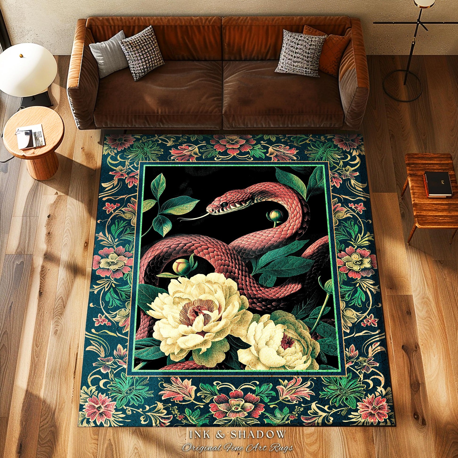 Botanical Forestcore Serpent Rug Gothic Woodland Floral Snake Decor, Mystic Goblincore Vintage Cottagecore Enchanted Victorian Dark Academia