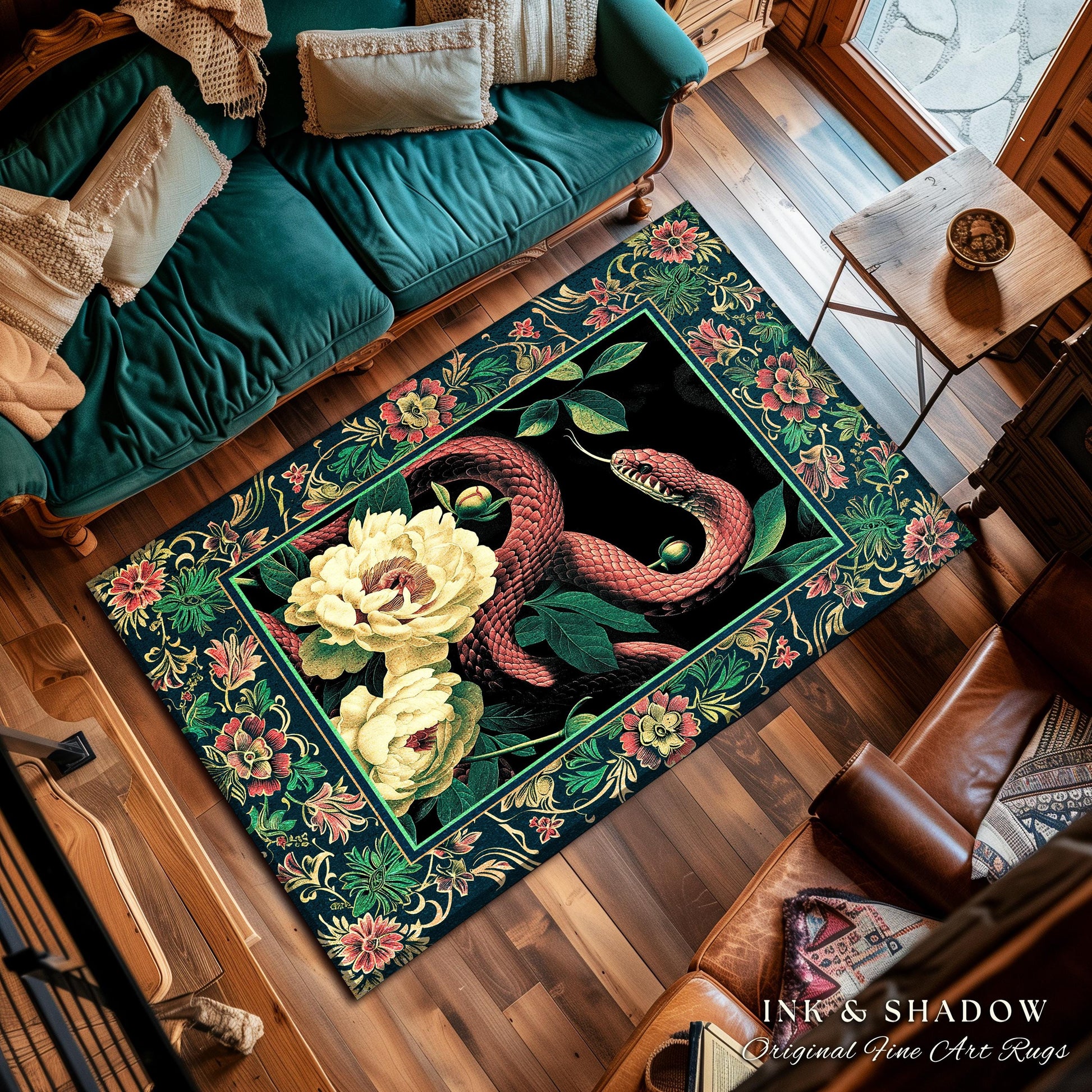 Botanical Forestcore Serpent Rug Gothic Woodland Floral Snake Decor, Mystic Goblincore Vintage Cottagecore Enchanted Victorian Dark Academia