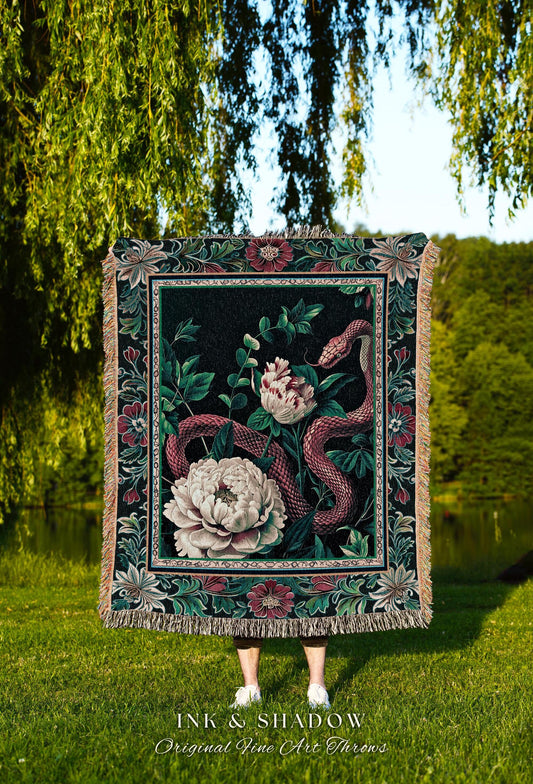 Enchanted Forest Snake Blanket Dark Woodland Floral Gothic Decor | Mystic Cottagecore Aesthetic Vintage Serpent Medieval Art Tapestry Throw