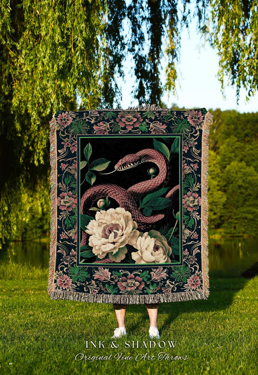 Botanical Forestcore Serpent Blanket Gothic Woodland Floral Snake Tapestry Throw, Mystic Goblincore Cottagecore Enchanted Victorian Academia