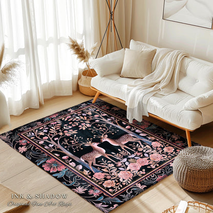 Boho Ethereal Deer Area Rug | Woodland Folklore Accent Rug Magical Fairycore Decor Dark Cottagecore Pastel Gothic Fairytale Rug Lightweight