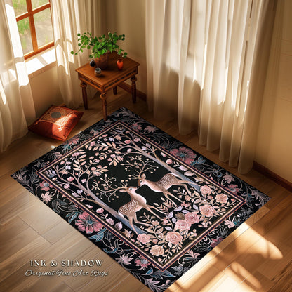 Boho Ethereal Deer Area Rug | Woodland Folklore Accent Rug Magical Fairycore Decor Dark Cottagecore Pastel Gothic Fairytale Rug Lightweight