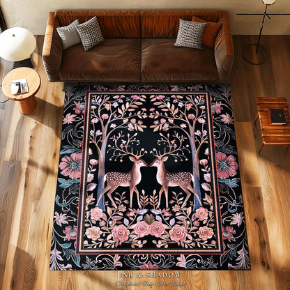 Boho Ethereal Deer Area Rug | Woodland Folklore Accent Rug Magical Fairycore Decor Dark Cottagecore Pastel Gothic Fairytale Rug Lightweight