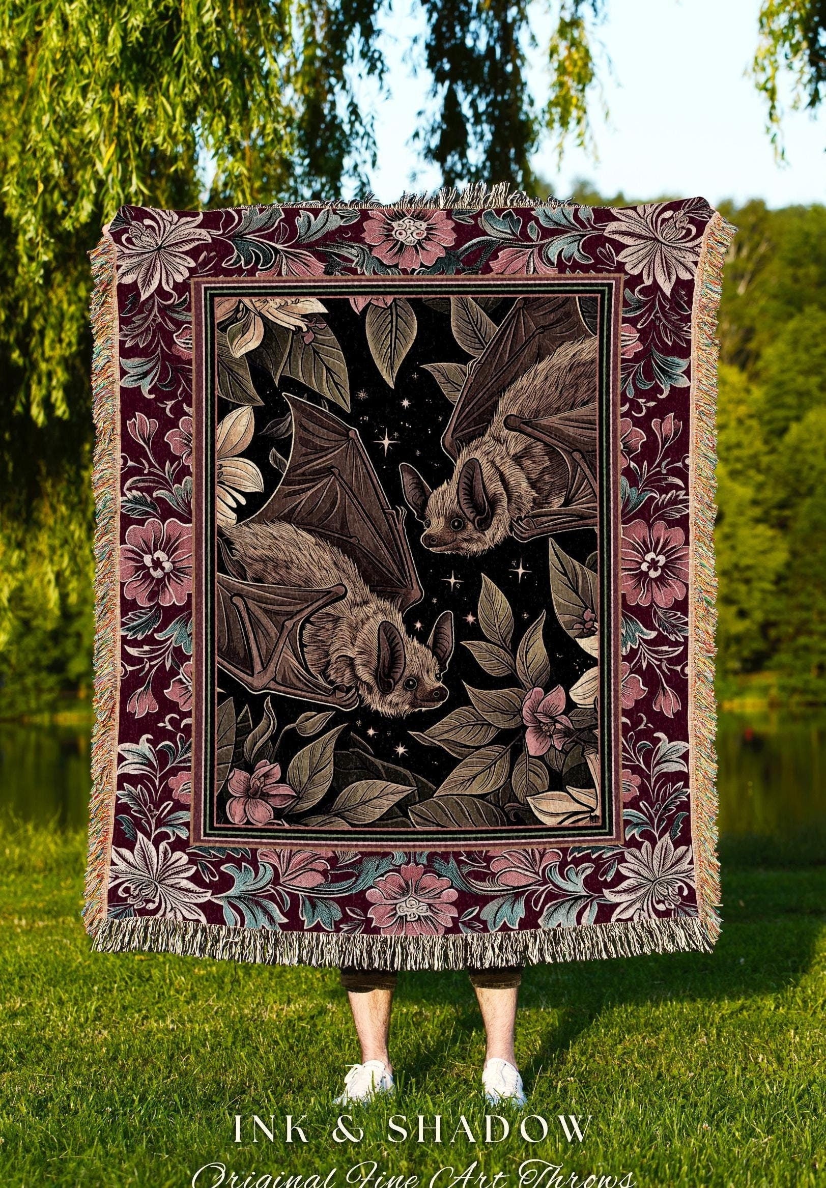 Romantic Victorian Gothic Bat Blanket Whimsical Dark Floral Baroque Forestcore | Ethereal Botanical Woodland Cottagecore Art Tapestry Throw