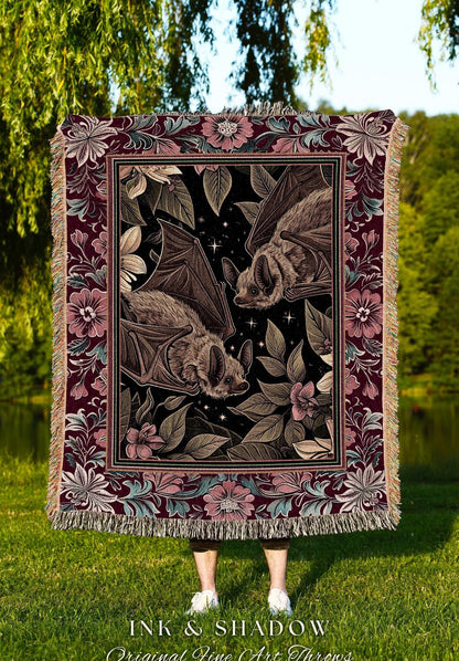 Romantic Victorian Gothic Bat Blanket Whimsical Dark Floral Baroque Forestcore | Ethereal Botanical Woodland Cottagecore Art Tapestry Throw