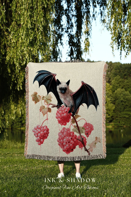 Pastel Goth Bat Dark Acedemia Tapestry Blanket Woven Throw Goth Decor | Pink Tapestry Raspberry Bat Art Gothic Decor Tapestry Wall Hanging |