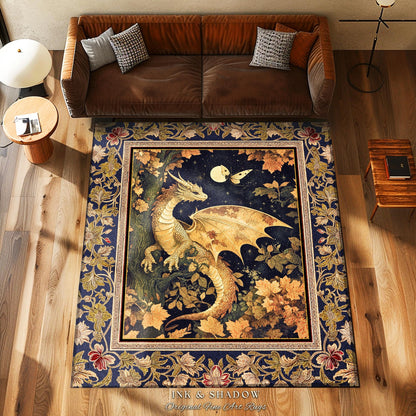 Ethereal Dragon Area Rug Antique Mystical Moonlit Forest Fairytale Decor | Enchanted Fairycore Celestial Night Art Teal Fantasy Accent Rug |