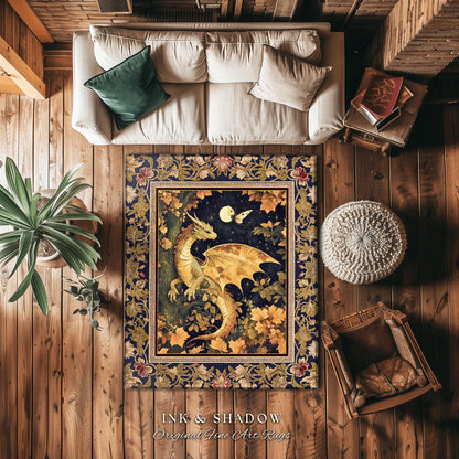 Ethereal Dragon Area Rug Antique Mystical Moonlit Forest Fairytale Decor | Enchanted Fairycore Celestial Night Art Teal Fantasy Accent Rug |