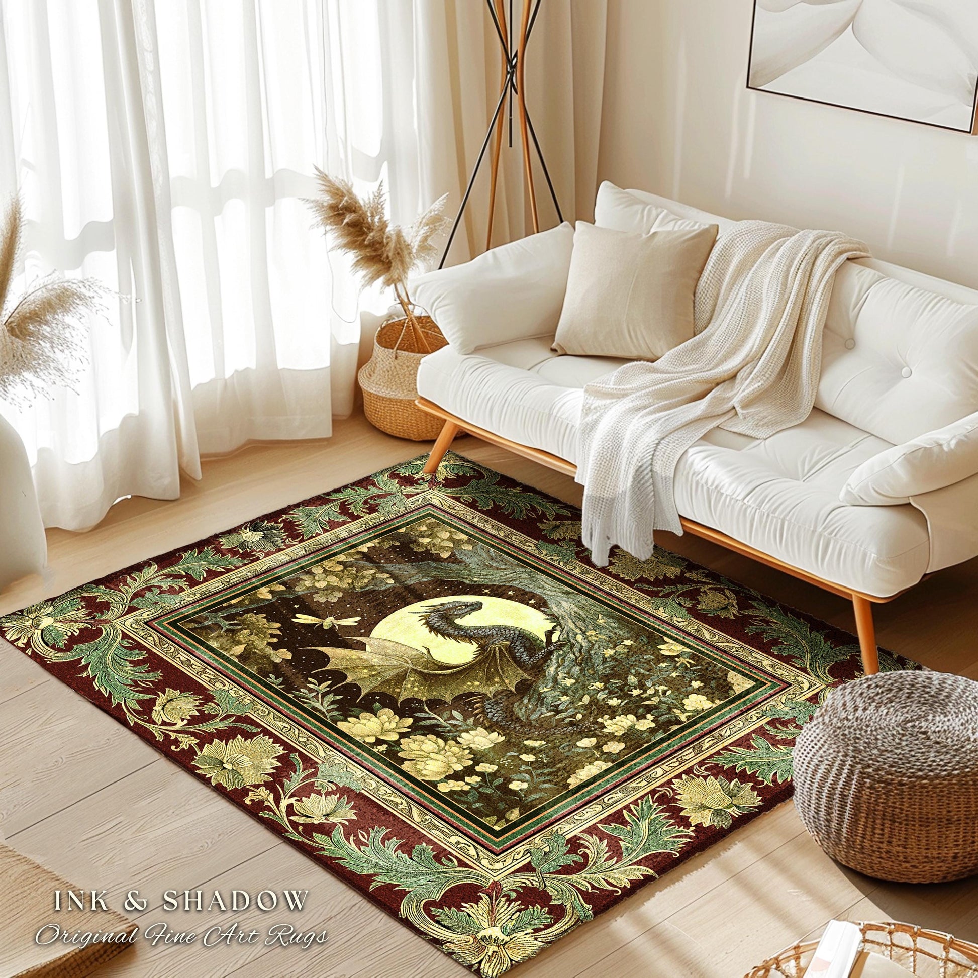 Woodland Gothic Dragon Area Rug Mystical Forest Green Full Moon Celestial Magic Fantasy Rug | Whimsigothic Enchanted Fairytale Bedroom Style