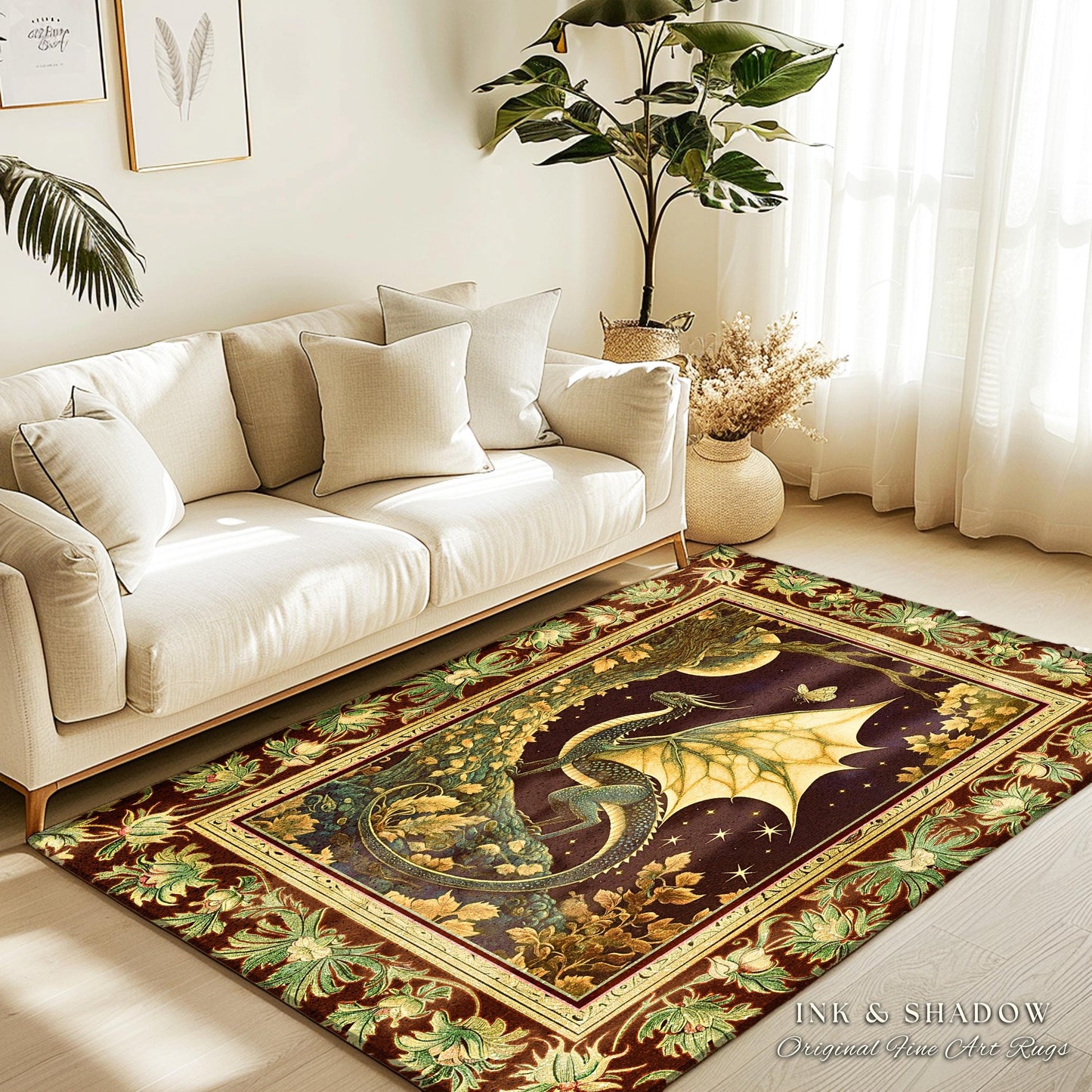 Mystical Dragon Rug Gilded Hygge Antique Moonlit Forest Accent Rug | Vintage Celestial Romantic Baroque Woodland Gothic Art Dark Cottagecore